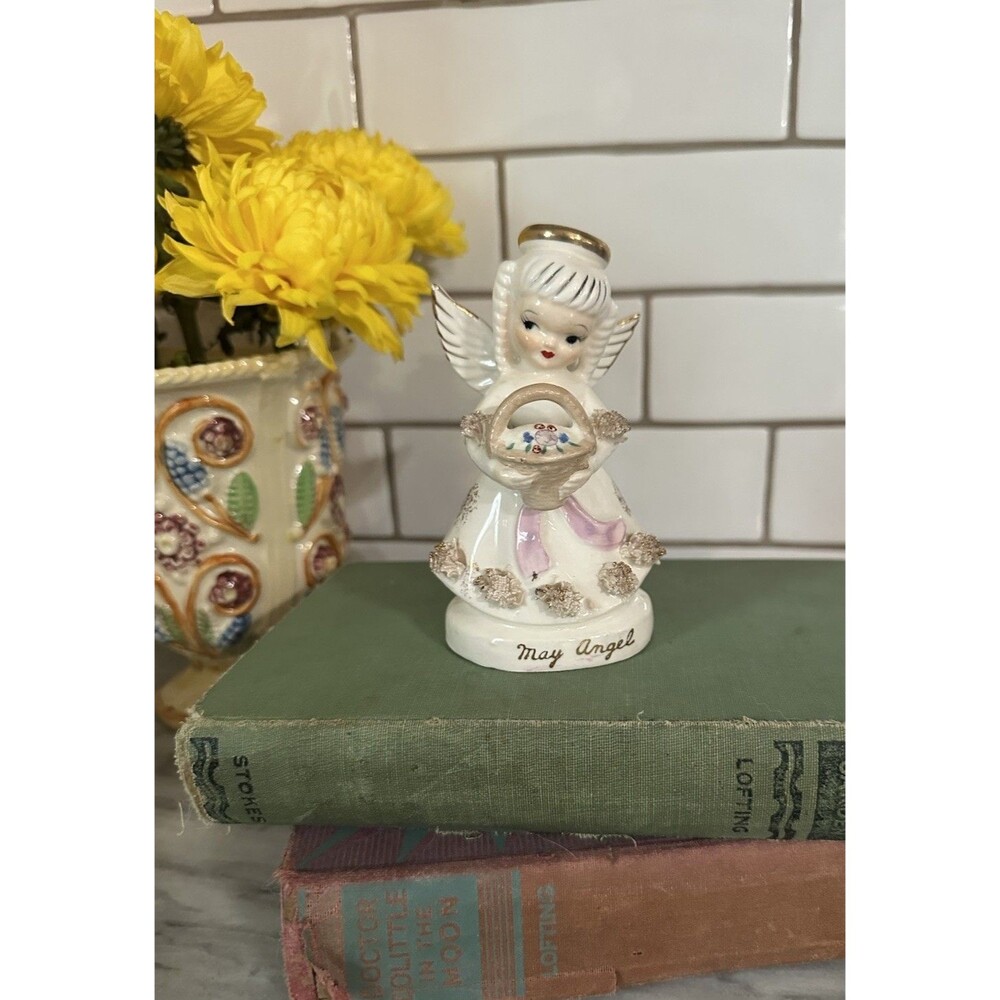 Vtg Napco Angel of the Month May Figurine Spaghetti Trim Flower MCM Kitsch Sweet